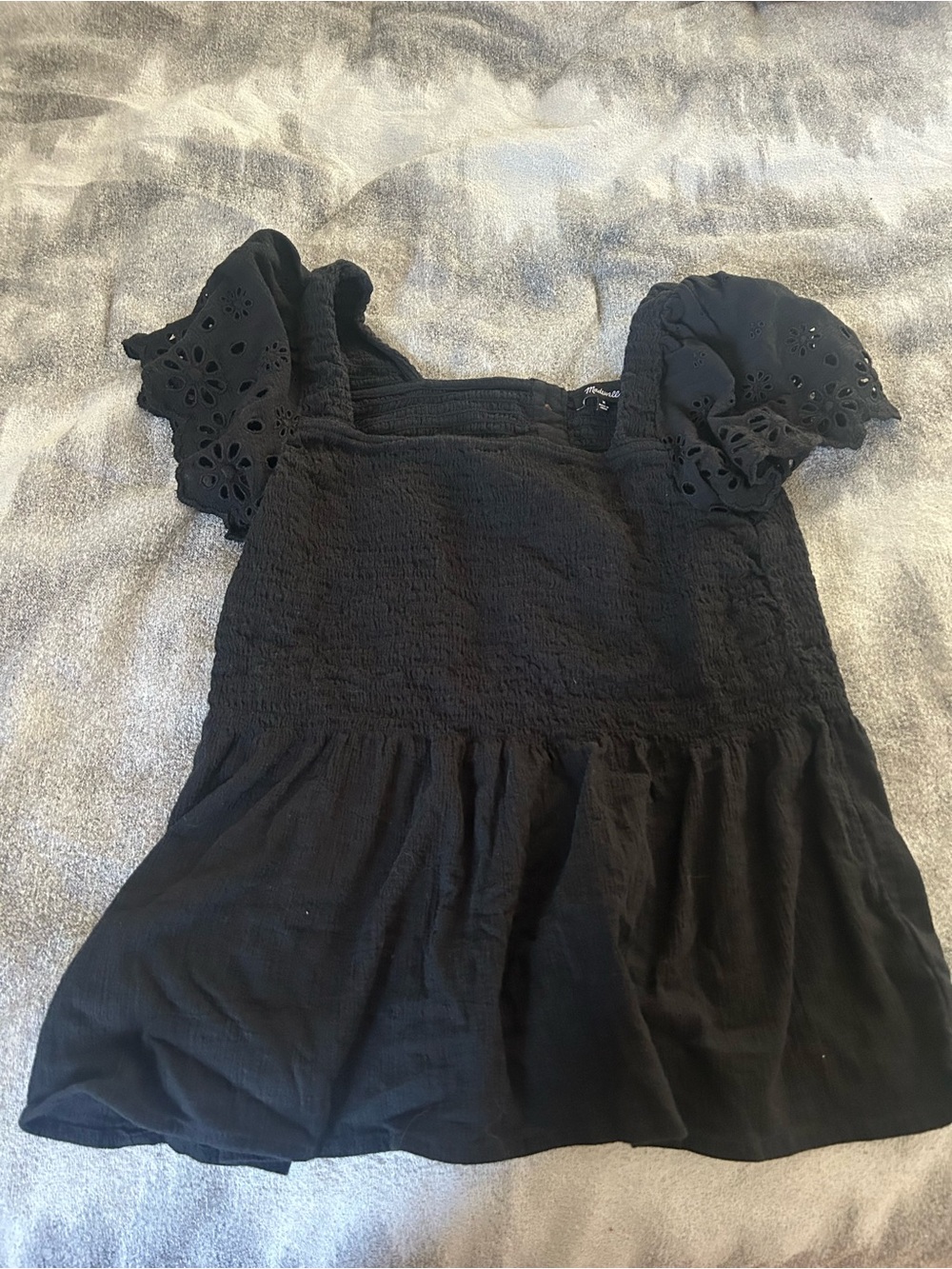 Madewell Black Eyelet Sleeve Smocked Peplum Top